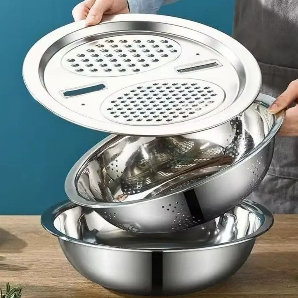 Kit Ralador Inox 3 em 1 com Tigela e Escorredor | Utensílio Multifuncional para Cozinha